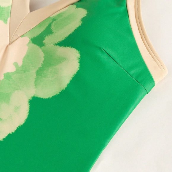 Green Beach Womens Floral Print Tie Shoulder One Piece Swimsuit With Beach Skirt - Picture 4 of 6